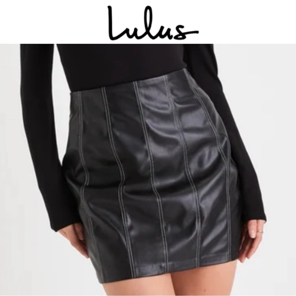 LULUS EDGY ICON BLACK VEGAN LEATHER CONTRAST STITCH HIGH RISE MINI SKIRT *NWT*